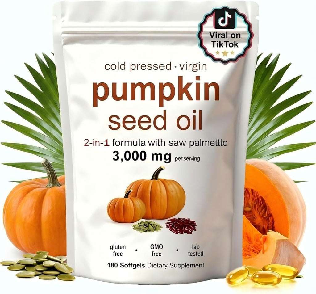CharJenPro Pumpkin Seed Oil Capsules, Pumpkin Seed Oil with Saw Palmetto- 3000mg -Cold Pressed - for Hair Growth- Non-GMO - 180 Softgels