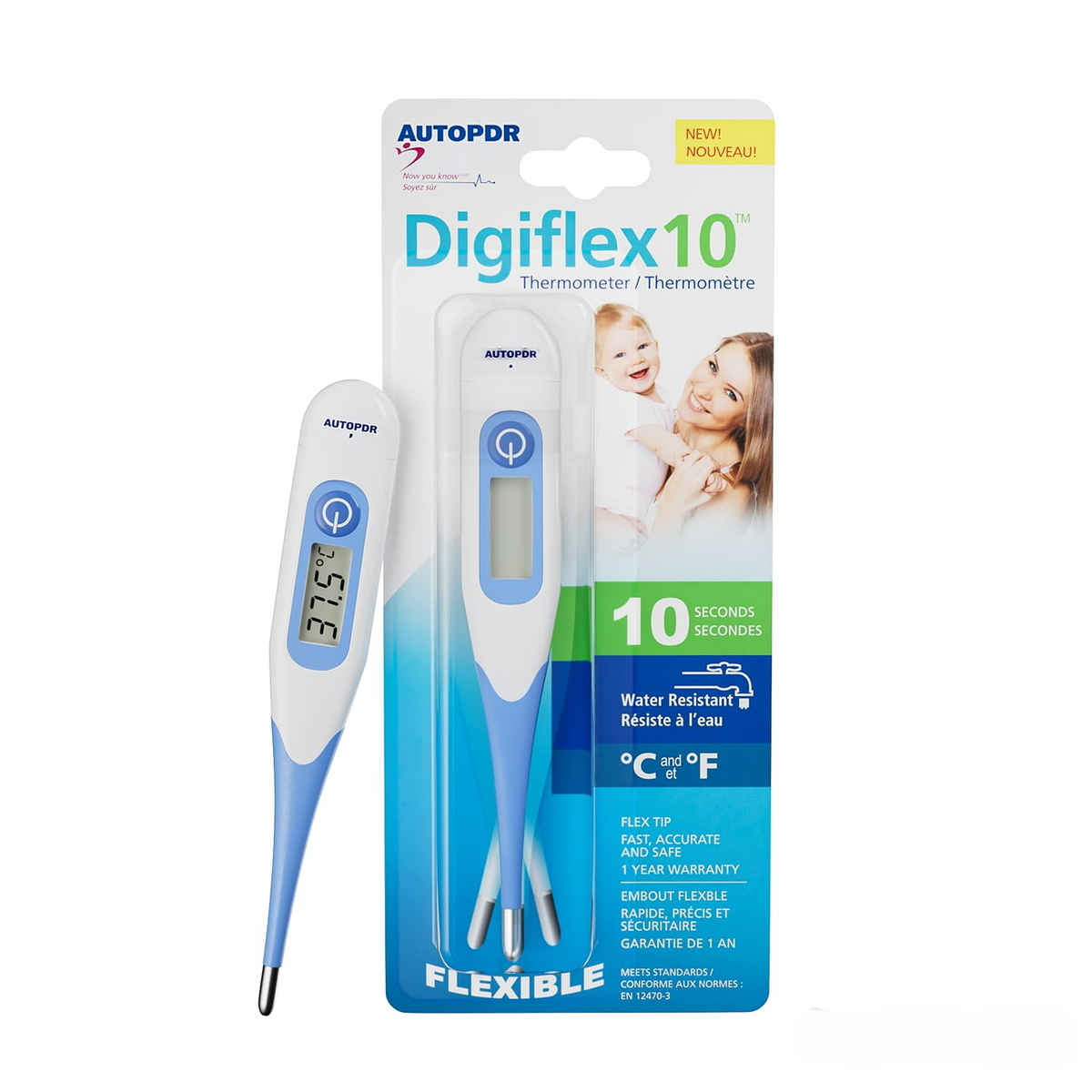 AUTOPDR  DigiFlex10 Oral Digital Thermometer, Fast 10-Second Reading | Flexible Tip, Waterproof, Oral, Rectal & Underarm Use, Memory Recall, Audible Signal