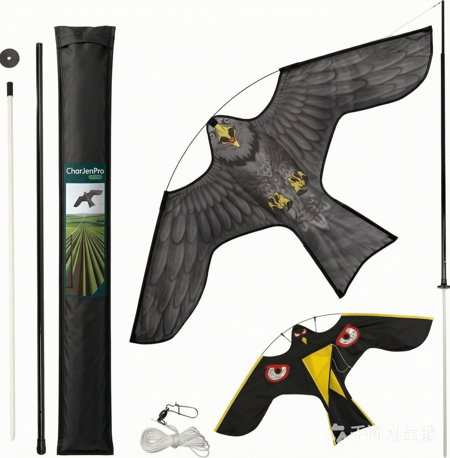 CharJenPro Bird Scarer Kite with 4m Telescopic Pole, Realistic Hawk Bird Deterrent, 2 Interchangeable Kites for Garden, Farm, Allotment, Outdoor Lawn, Model D&G