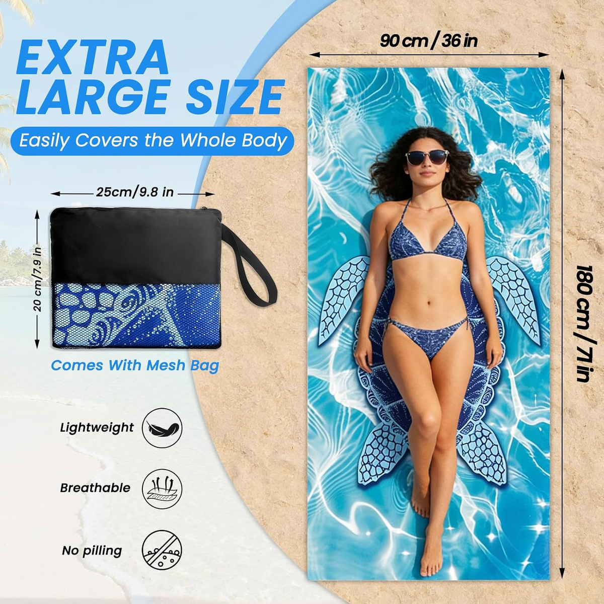 AUTOPDR  Microfibre Beach Towels for Adults - 2 Pack 180x90cm Microfibre Towel | Extra Large Double Sided Lightweight Beach Towel, Sand Free Absorbent Quick Dry Towel with Mesh Bags for Travel & Swim
