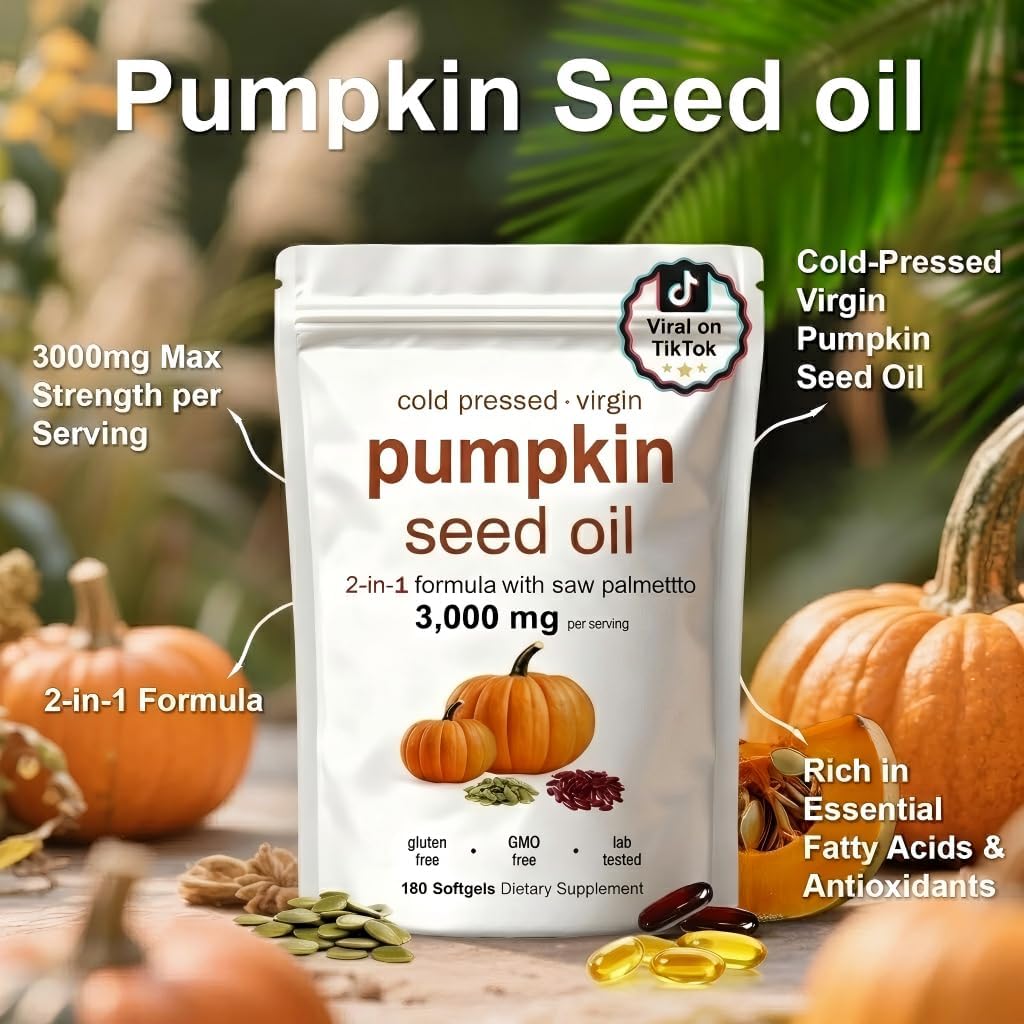 CharJenPro Pumpkin Seed Oil Capsules, Pumpkin Seed Oil with Saw Palmetto- 3000mg -Cold Pressed - for Hair Growth- Non-GMO - 180 Softgels
