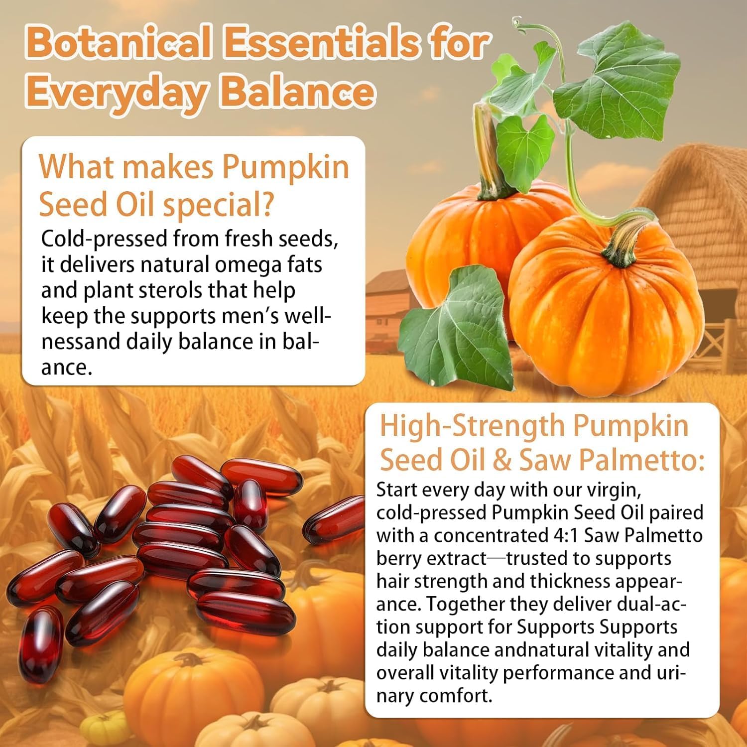 CharJenPro Pumpkin Seed Oil, Pumpkin Seed Oil Capsules with Saw Palmetto| for Hair Growth - Non-GMO - 180 Softgels | 3000mg Cold Pressed