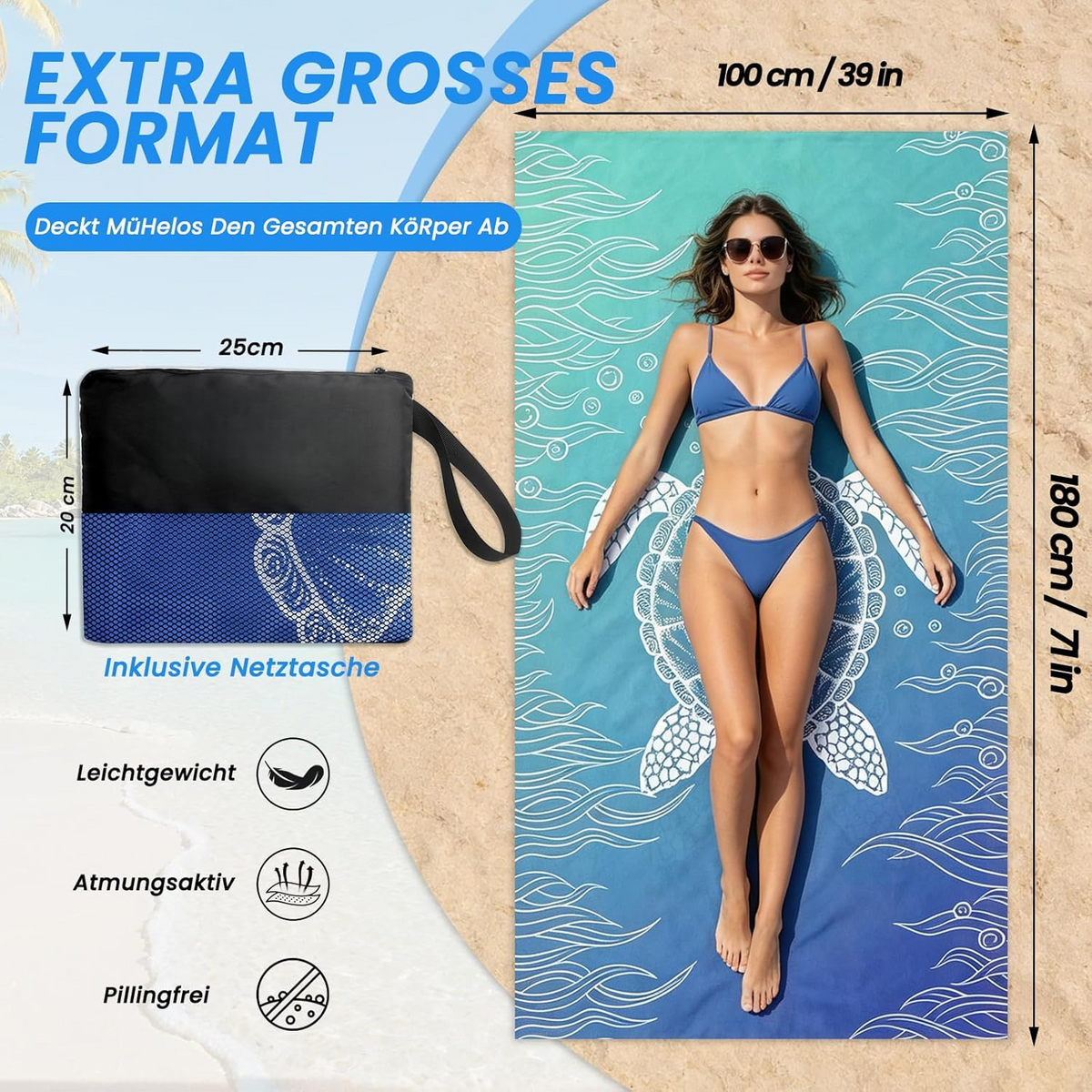 AUTOPDR  Mikrofaser Strandtuch - 180 x 100 cm Doppelseitiges Mikrofaser Handtuch | Sandfreies Leichtes Weiches Strandtuch XXL, Saugfähig & Schnelltrocknend Strandhandtuch Groß mit Tasche für Strand Schwimmen