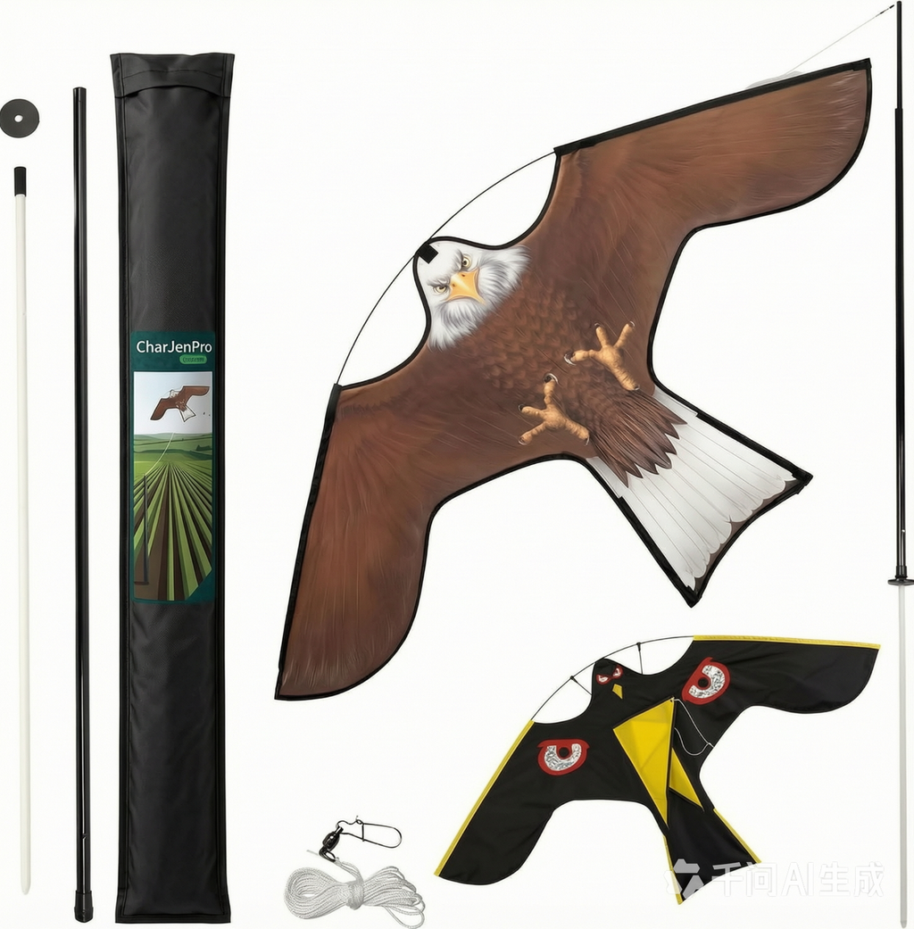 CharJenPro Espantapájaros Cometa Voladora Cultivos Protector de Aves Halcón Ahuyentador Aves Palomas para Exterior Jardín Patio Granja Huerto Repelente Visual Pájaros con Poste Telesc. 4m y 2 Cometas B&G