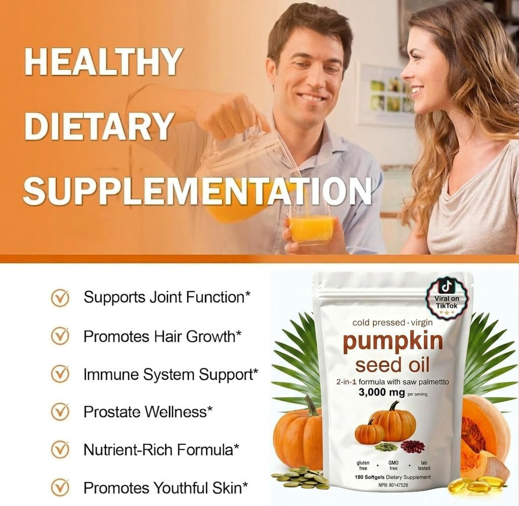 CharJenPro Pumpkin Seed Oil Capsules, Pumpkin Seed Oil with Saw Palmetto- 3000mg -Cold Pressed - for Hair Growth- Non-GMO - 180 Softgels