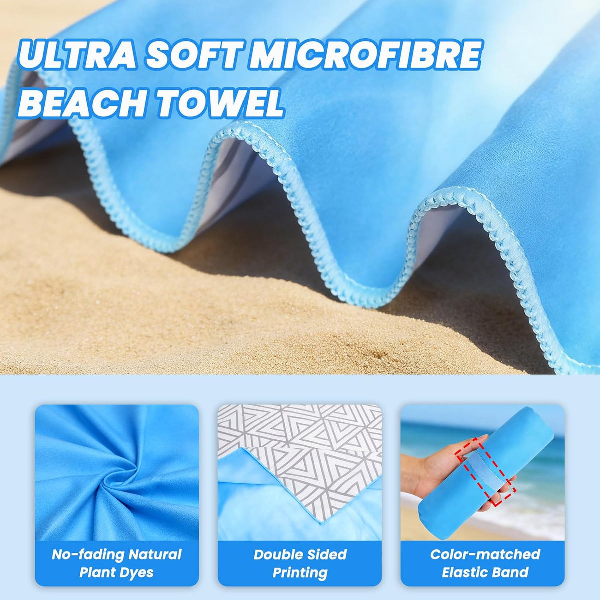 AUTOPDR  Microfibre Beach Towels for Adults - 2 Pack 180x90cm Microfibre Towel | Extra Large Double Sided Lightweight Beach Towel, Sand Free Absorbent Quick Dry Towel with Mesh Bags for Travel & Swim