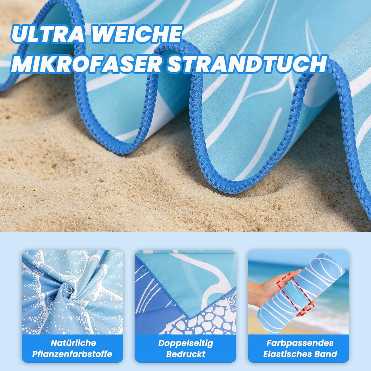 AUTOPDR  Mikrofaser Strandtuch - 180 x 100 cm Doppelseitiges Mikrofaser Handtuch | Sandfreies Leichtes Weiches Strandtuch XXL, Saugfähig & Schnelltrocknend Strandhandtuch Groß mit Tasche für Strand Schwimmen