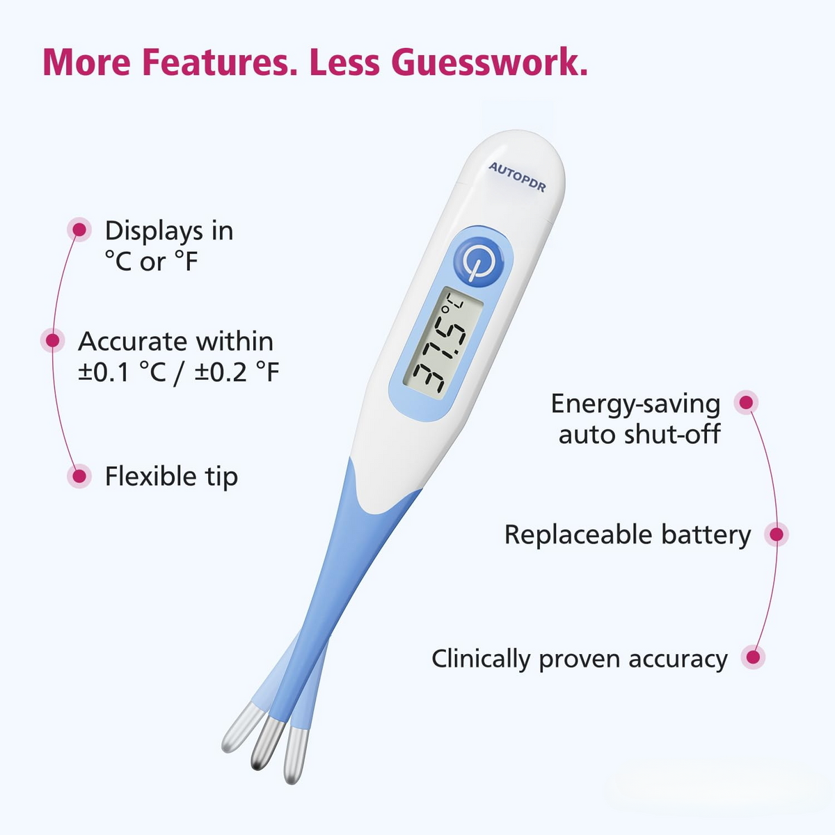 AUTOPDR  DigiFlex10 Oral Digital Thermometer, Fast 10-Second Reading | Flexible Tip, Waterproof, Oral, Rectal & Underarm Use, Memory Recall, Audible Signal
