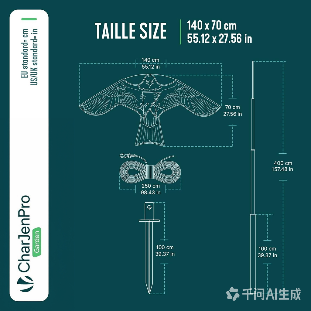 CharJenPro Espantapájaros Cometa Voladora Cultivos Protector de Aves Halcón Ahuyentador Aves Palomas para Exterior Jardín Patio Granja Huerto Repelente Visual Pájaros con Poste Telesc. 4m y 2 Cometas B&G