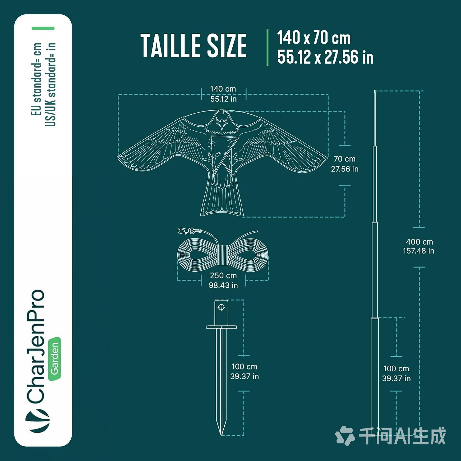 CharJenPro Espantapájaros Cometa Voladora Cultivos Protector de Aves Halcón Ahuyentador Aves Palomas para Exterior Jardín Patio Granja Huerto Repelente Visual Pájaros con Poste Telesc. 4m y 2 Cometas B&G