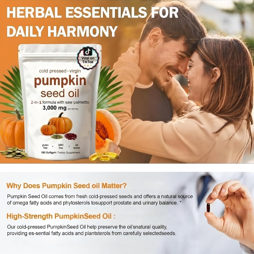CharJenPro Pumpkin Seed Oil Capsules, Pumpkin Seed Oil with Saw Palmetto- 3000mg -Cold Pressed - for Hair Growth- Non-GMO - 180 Softgels