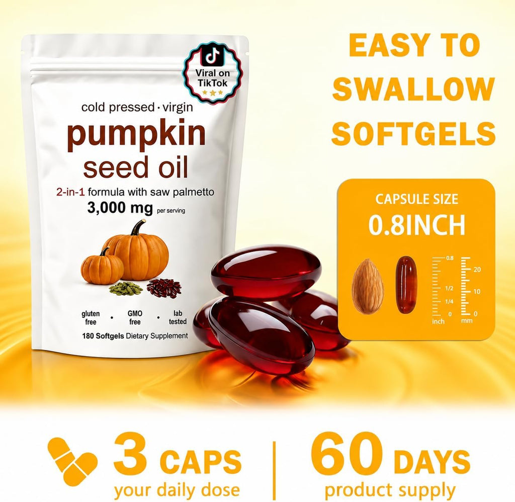 CharJenPro Pumpkin Seed Oil, Pumpkin Seed Oil Capsules with Saw Palmetto| for Hair Growth - Non-GMO - 180 Softgels | 3000mg Cold Pressed