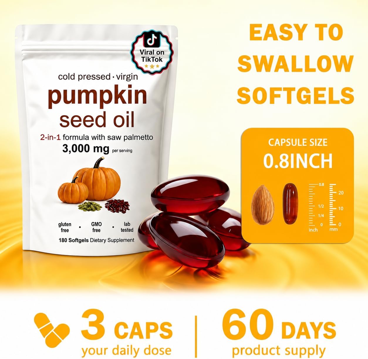 CharJenPro Pumpkin Seed Oil, Pumpkin Seed Oil Capsules with Saw Palmetto| for Hair Growth - Non-GMO - 180 Softgels | 3000mg Cold Pressed
