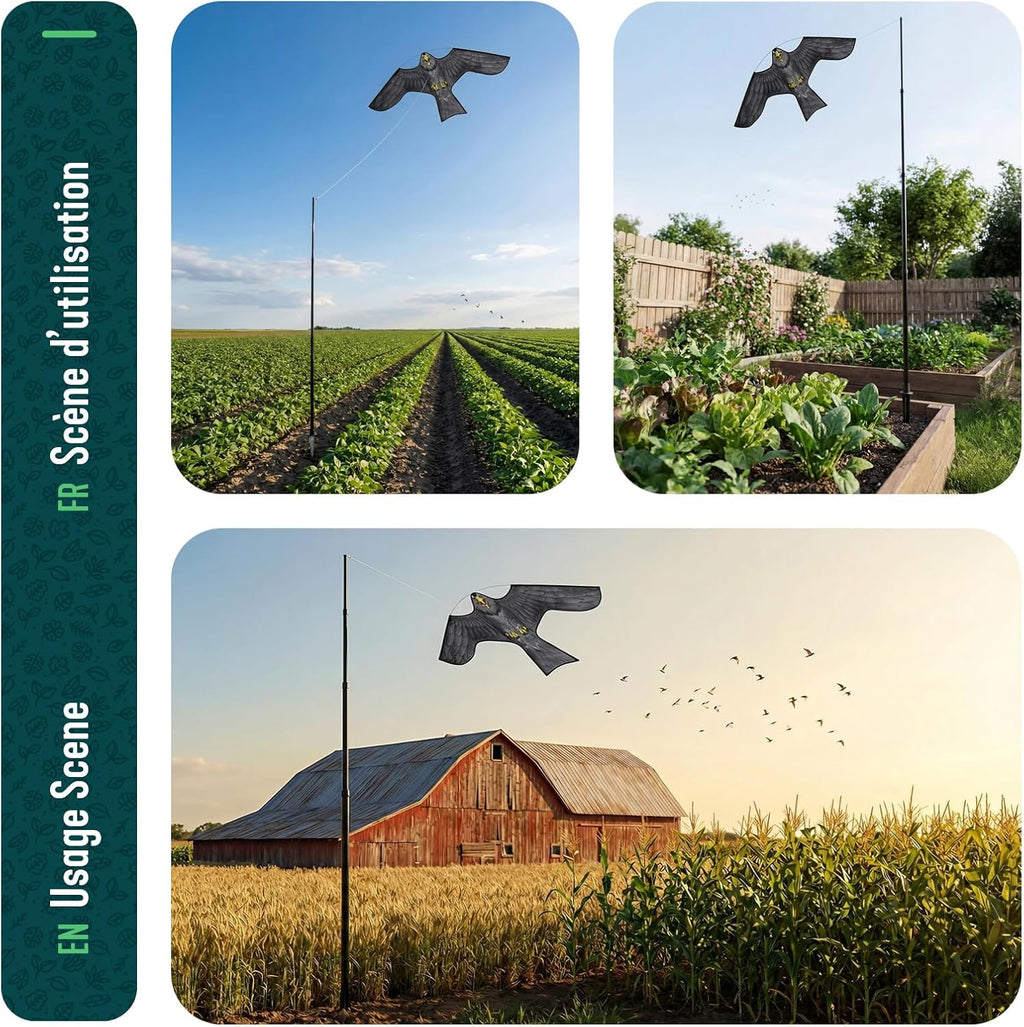 CharJenPro Bird Scarer Kite with 4m Telescopic Pole, Realistic Hawk Bird Deterrent, 2 Interchangeable Kites for Garden, Farm, Allotment, Outdoor Lawn, Model D&G