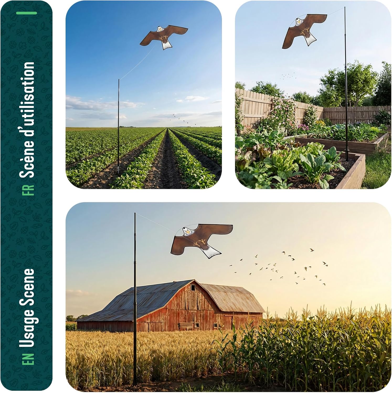 CharJenPro Espantapájaros Cometa Voladora Cultivos Protector de Aves Halcón Ahuyentador Aves Palomas para Exterior Jardín Patio Granja Huerto Repelente Visual Pájaros con Poste Telesc. 4m y 2 Cometas B&G