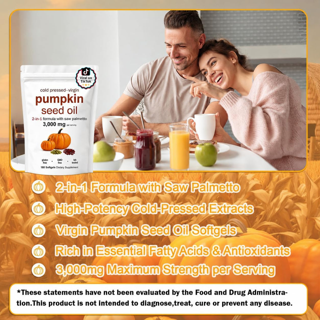 CharJenPro Pumpkin Seed Oil, Pumpkin Seed Oil Capsules with Saw Palmetto| for Hair Growth - Non-GMO - 180 Softgels | 3000mg Cold Pressed
