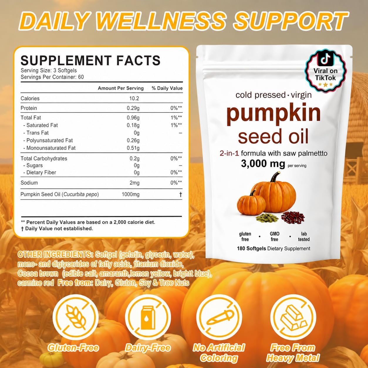 CharJenPro Pumpkin Seed Oil, Pumpkin Seed Oil Capsules with Saw Palmetto| for Hair Growth - Non-GMO - 180 Softgels | 3000mg Cold Pressed